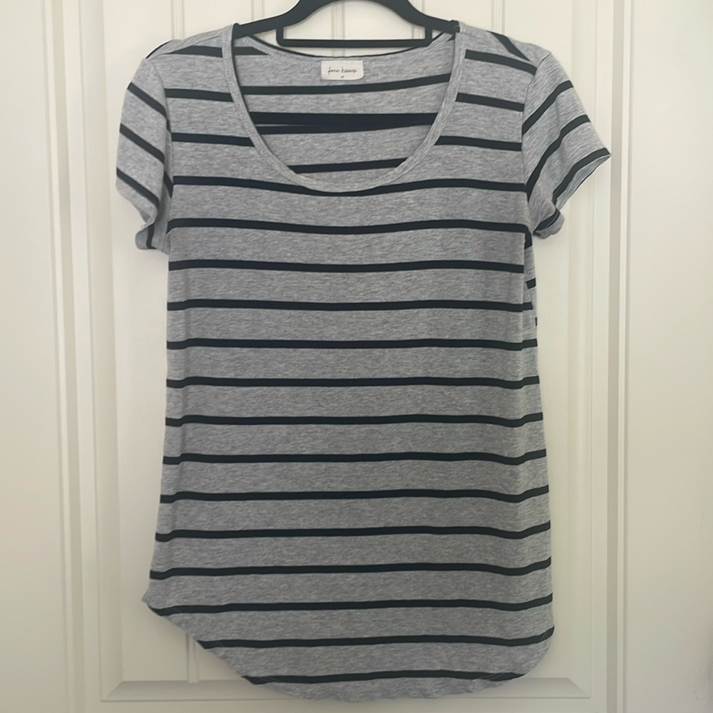 Grey & Black Striped Short Sleeve T-Shirt, Size M, Womens Basic Casual Top